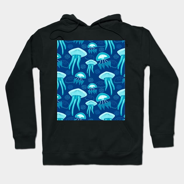 Blue Jelly Fish In The Deep Ocean Hoodie by kooicat